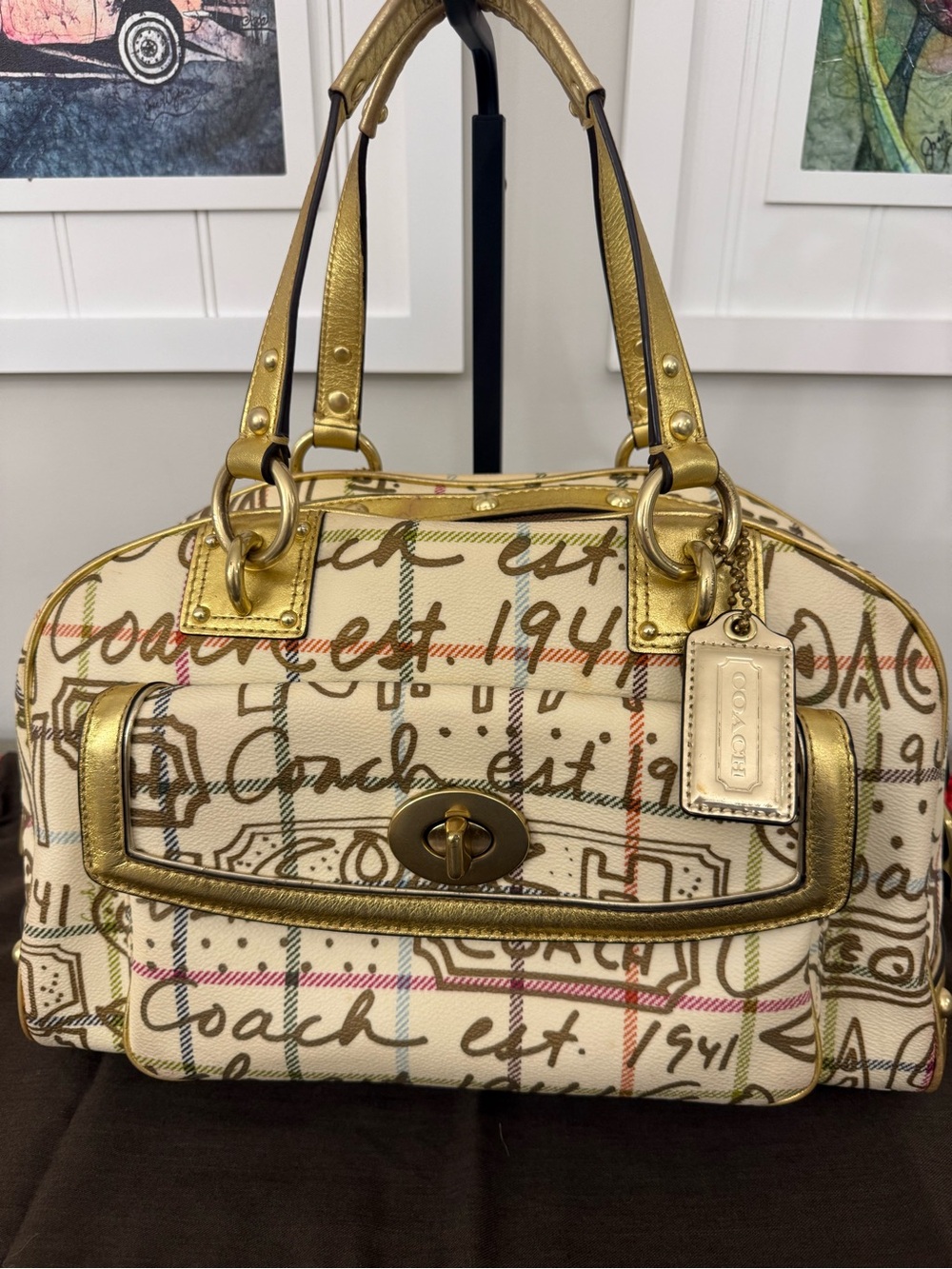 Vintage Coach Graffiti Tattersall Chelsea Satchel & Wallet Set Gold Y2K F13186 - Picture 3 of 16